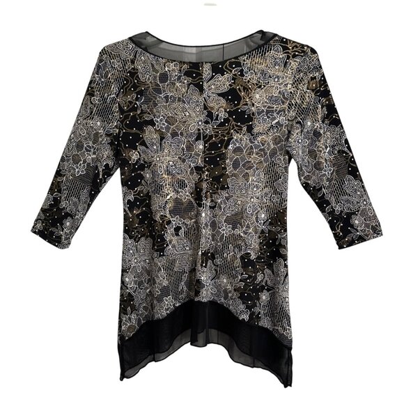 Susan Lawrence Womens Black & Gold Asymmetric Tunic Top M Boho Holiday Cocktail - Picture 3 of 7